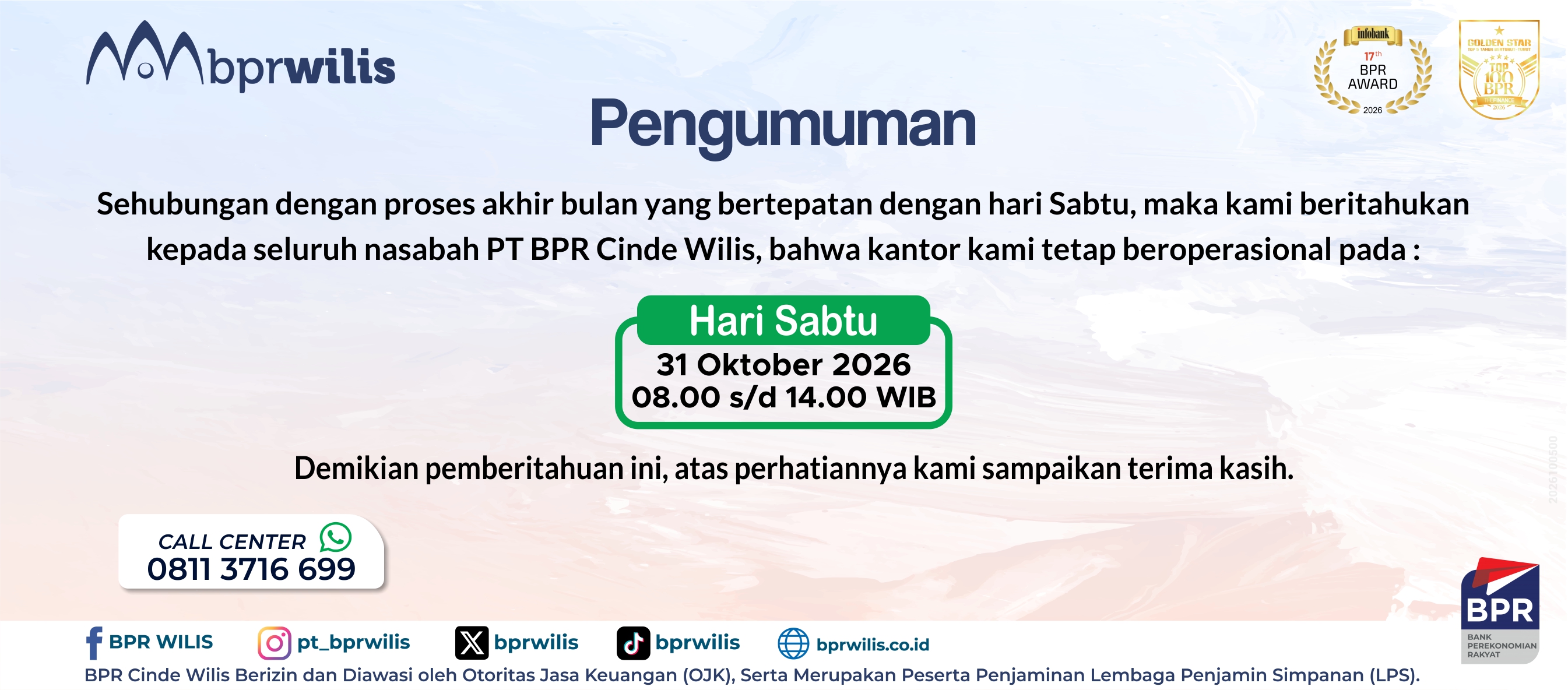Pengumuman Operasional Kantor di Hari Sabtu 31 Oktober 2026