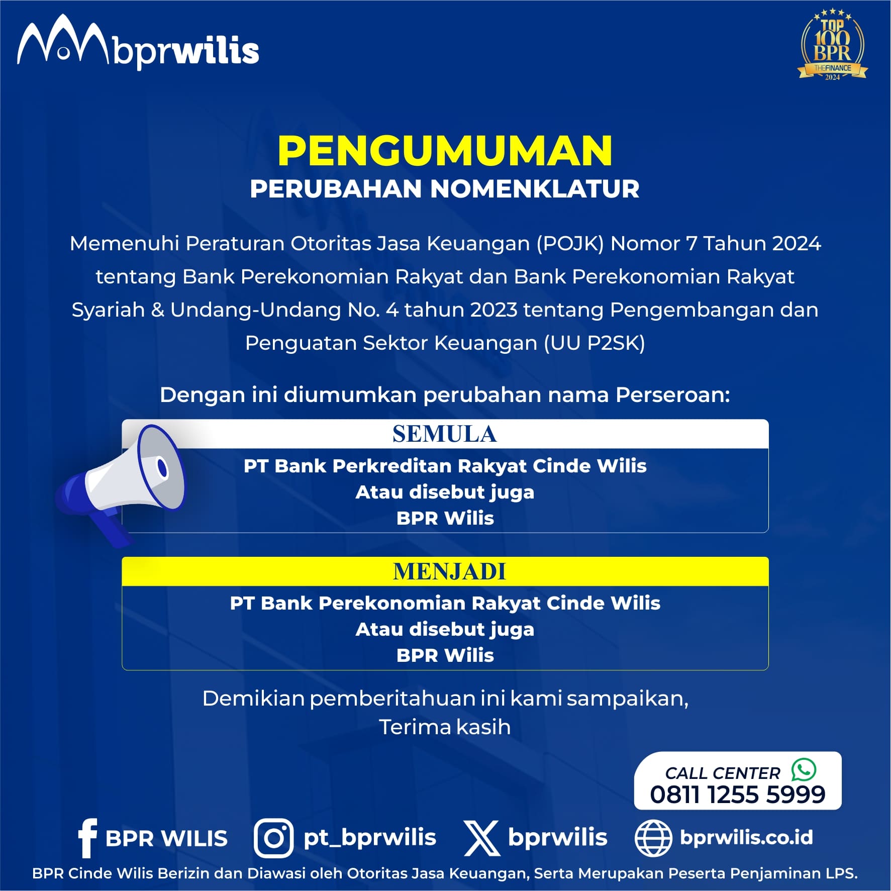 Pengumuman Perubahan Nama Perseroan BPR Cinde Wilis